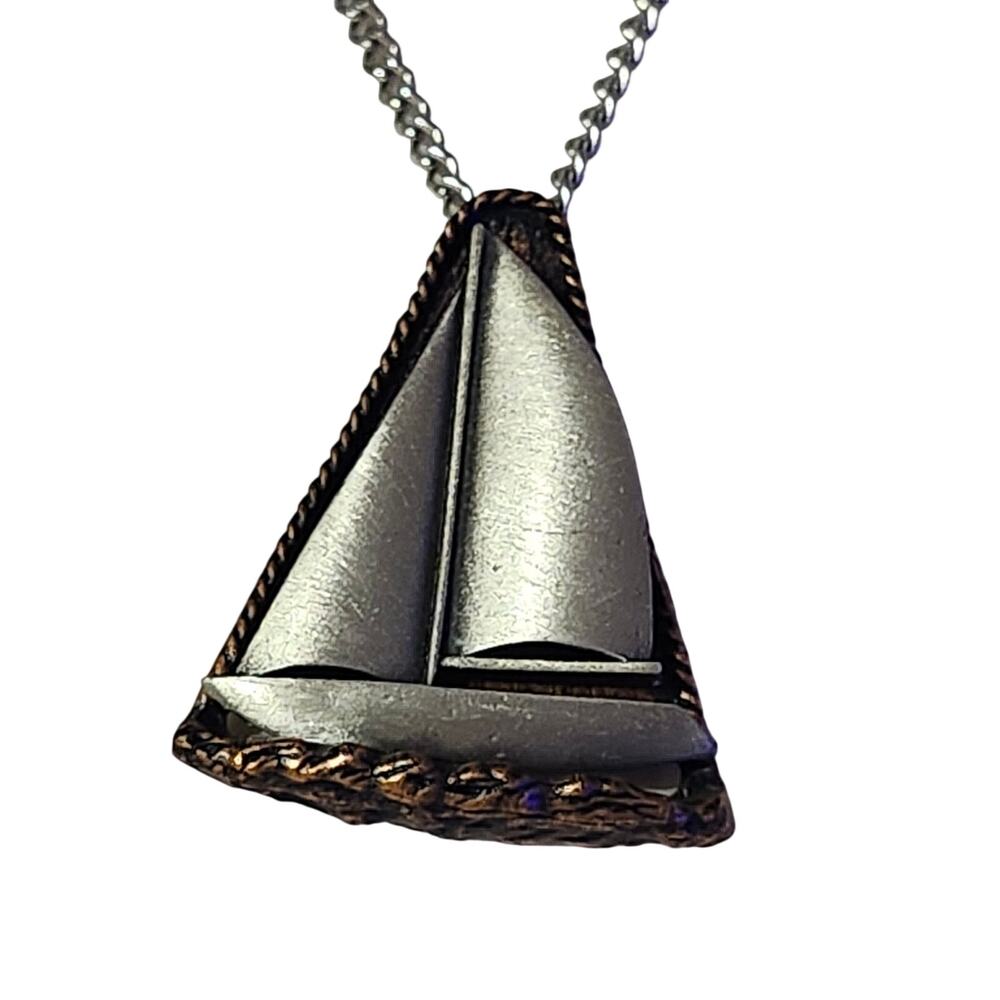 Vtg Mid Century 2 Tone Pewter Copper Pendant Necklace